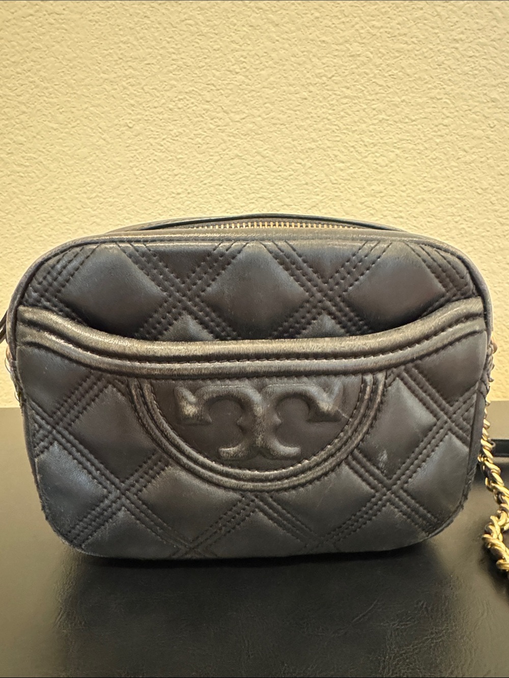 Tory Burch Quilted Black Leather Crossbody with Chain Accent